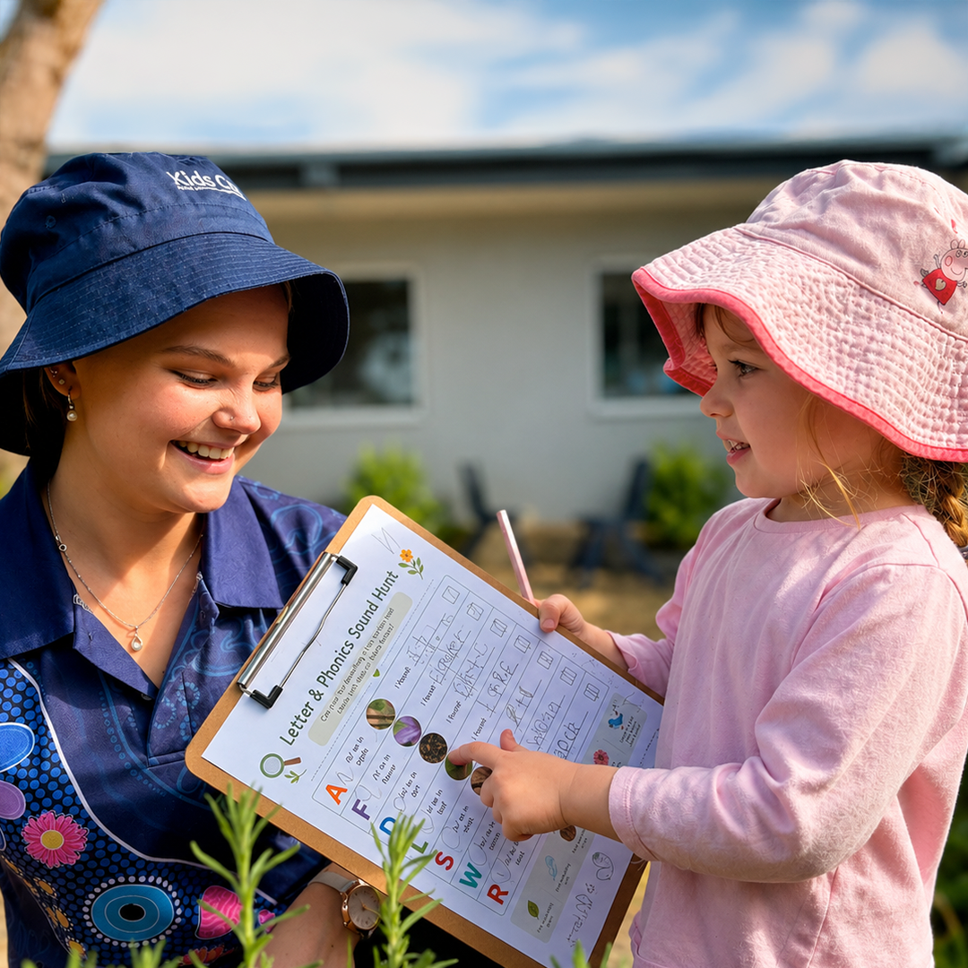 Column image Educator at Kids Club Tweed Heads discussing activity with child