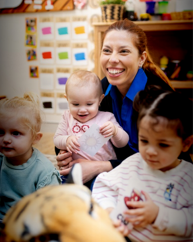 Column image Educator engaging toddlers with flashcards in childcare centre