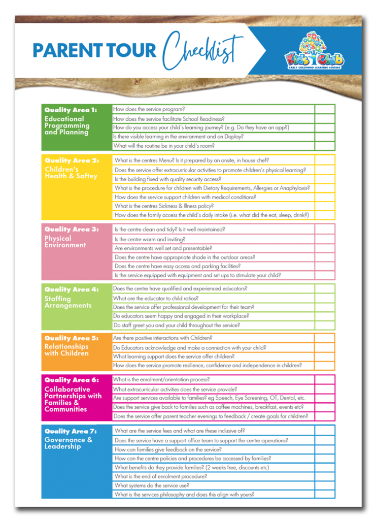 Column image Kids Club parent tour checklist covering childcare quality areas and questions for families