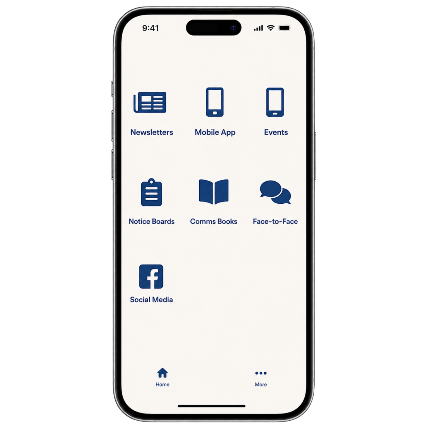 Column image Smartphone displaying the Kids Club family communication app with icons for learning updates, photos, communication, events and feedback.